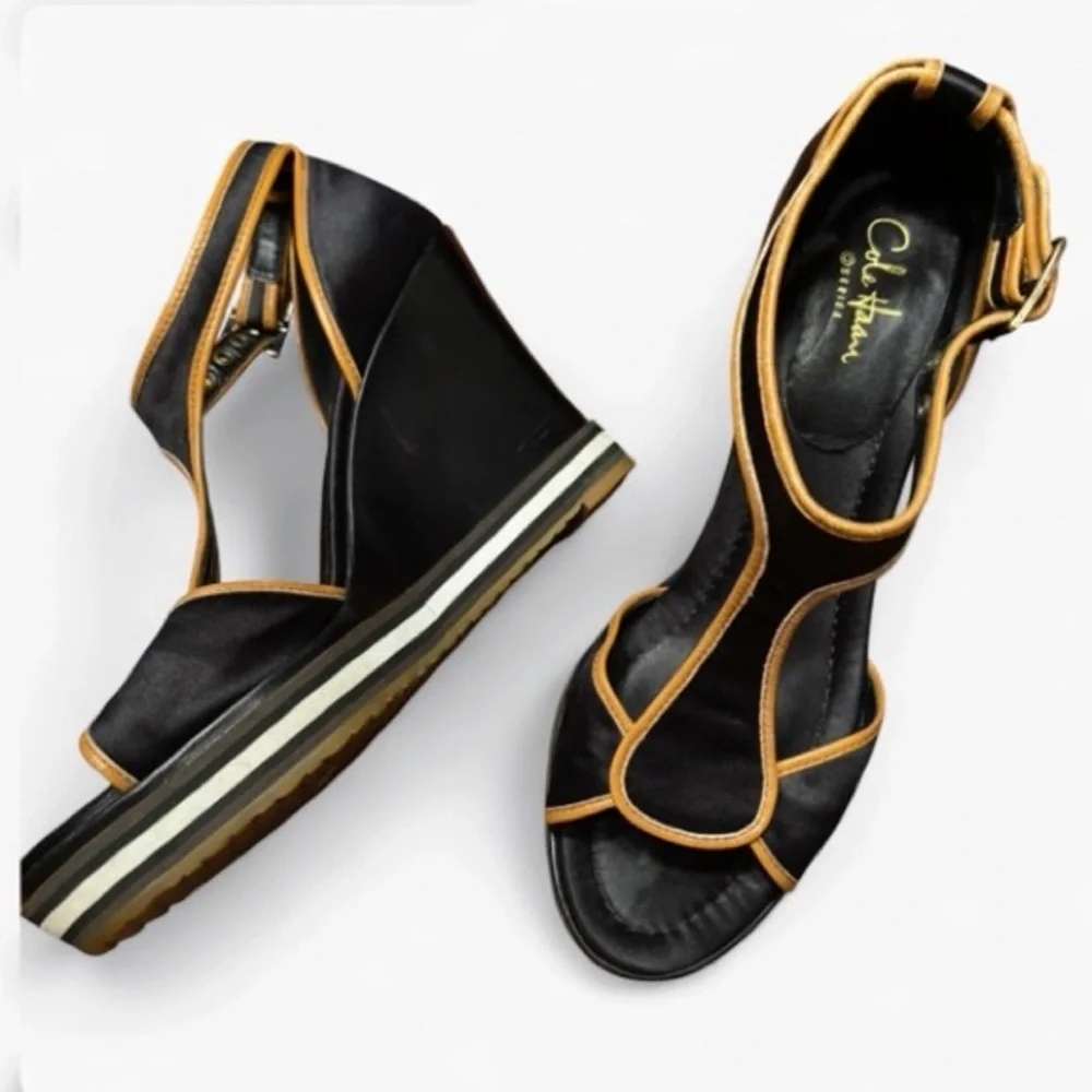 VINTAGE COLE HAAN AIR RICKI NIKE Wedge Sandals Women’s SZ 8 Black & Tan T-Strap